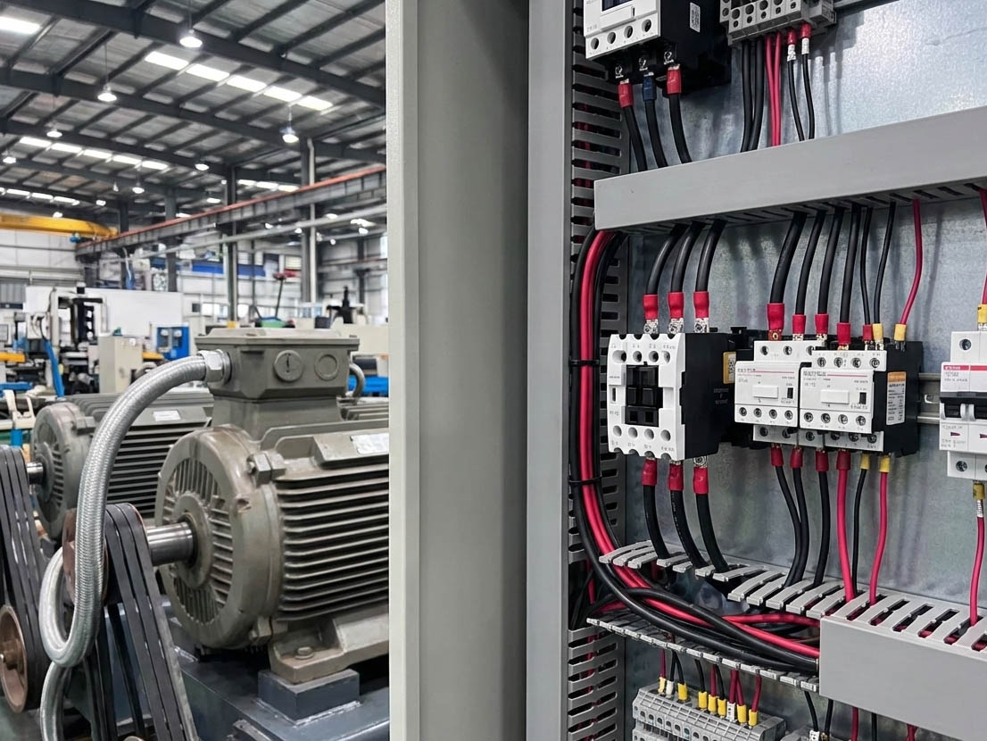 AC contactor in motor control application with electric motor and control panel