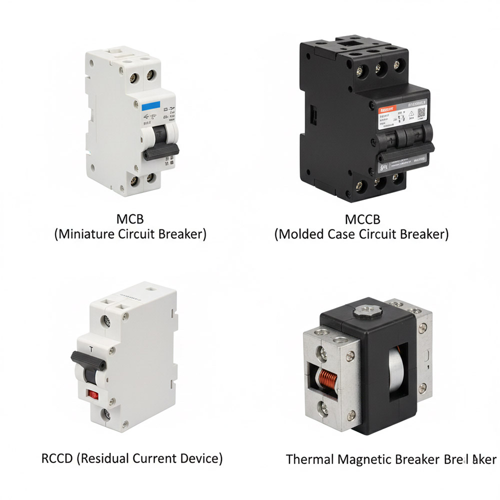 Array of different circuit breakers MCB MCCB RCCD and thermal magnetic types