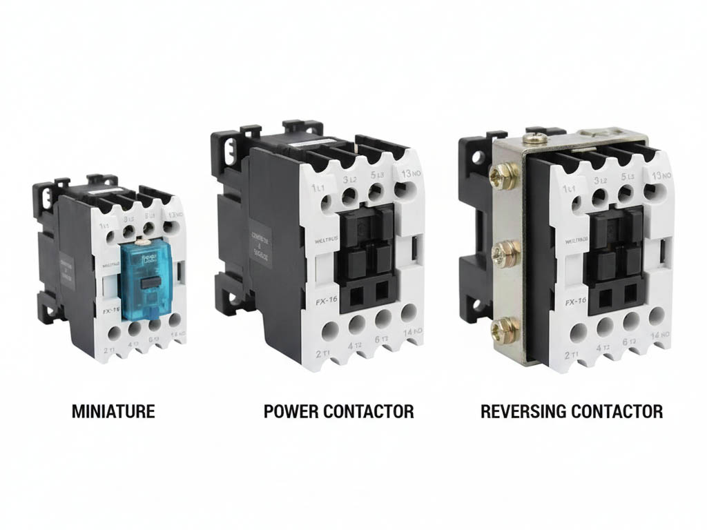 Different AC contactors: miniature contactor, power contactor, and reversing contactor