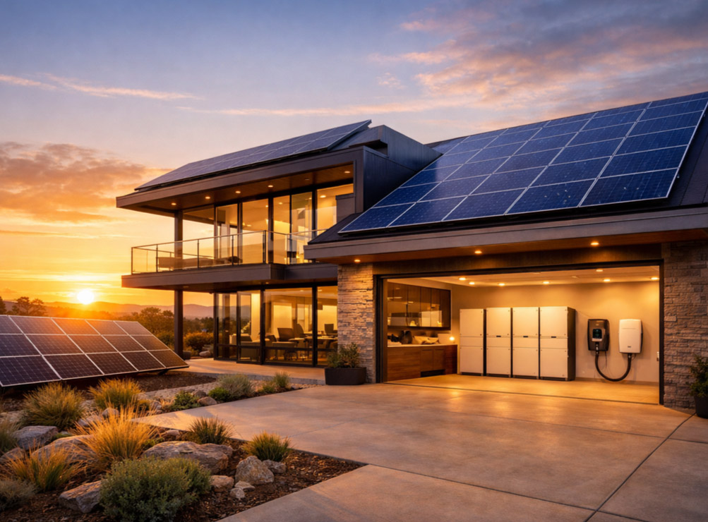 Energy-independent modern home with complete solar system at sunset