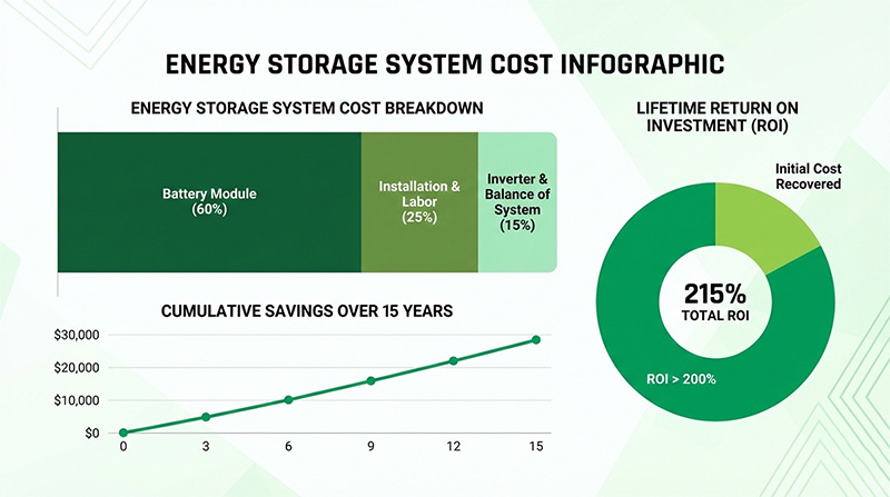 Financial breakdown infographic of energy storage system costs with lifetime savings