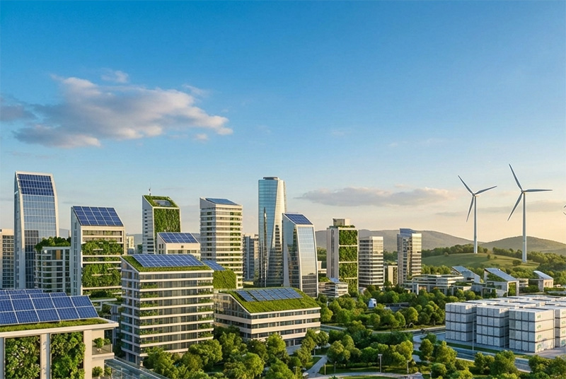 Future cityscape with renewable energy infrastructure