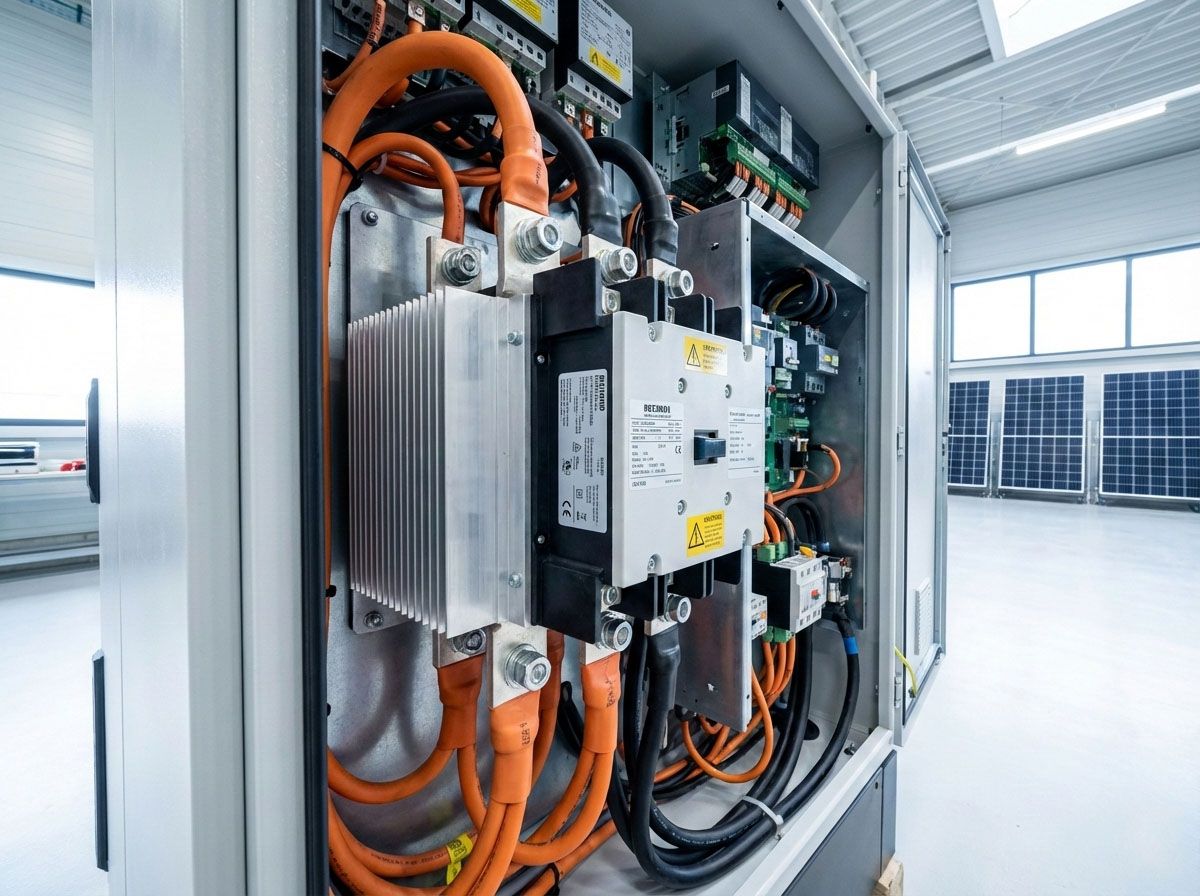 High-power DC contactor in industrial solar power application with cooling fins visible