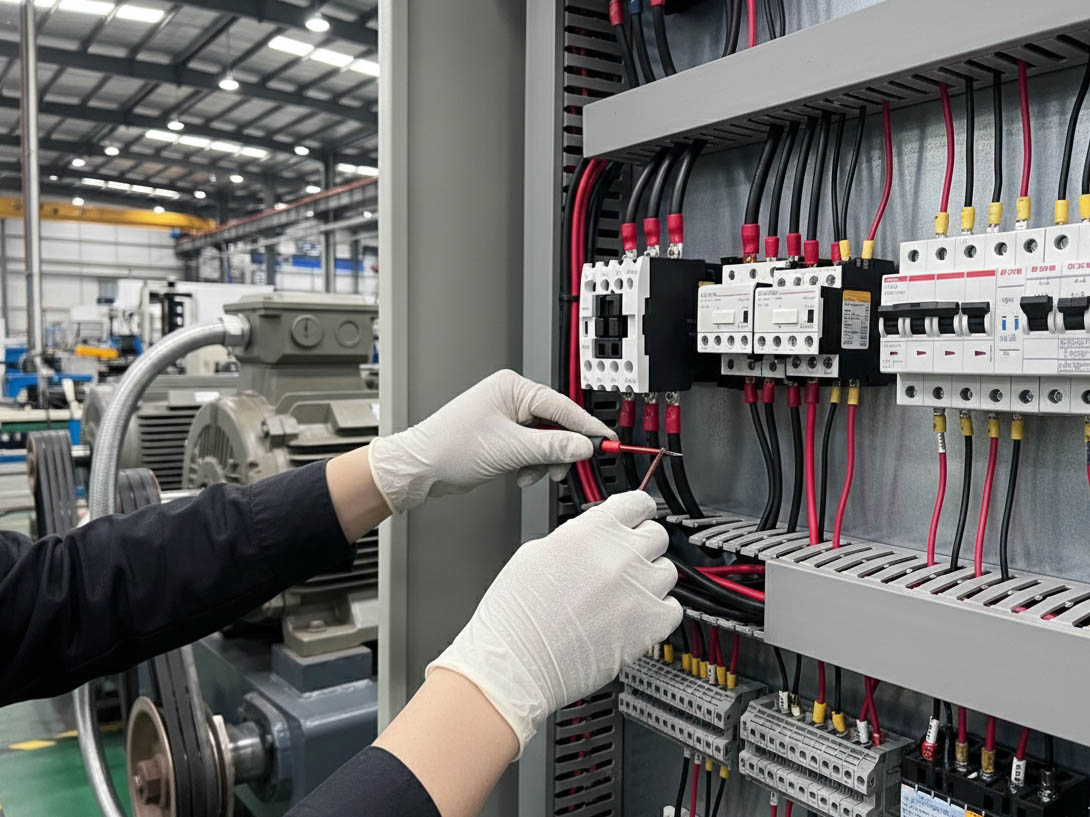 Installing AC contactor in control panel with wiring connections and terminal blocks