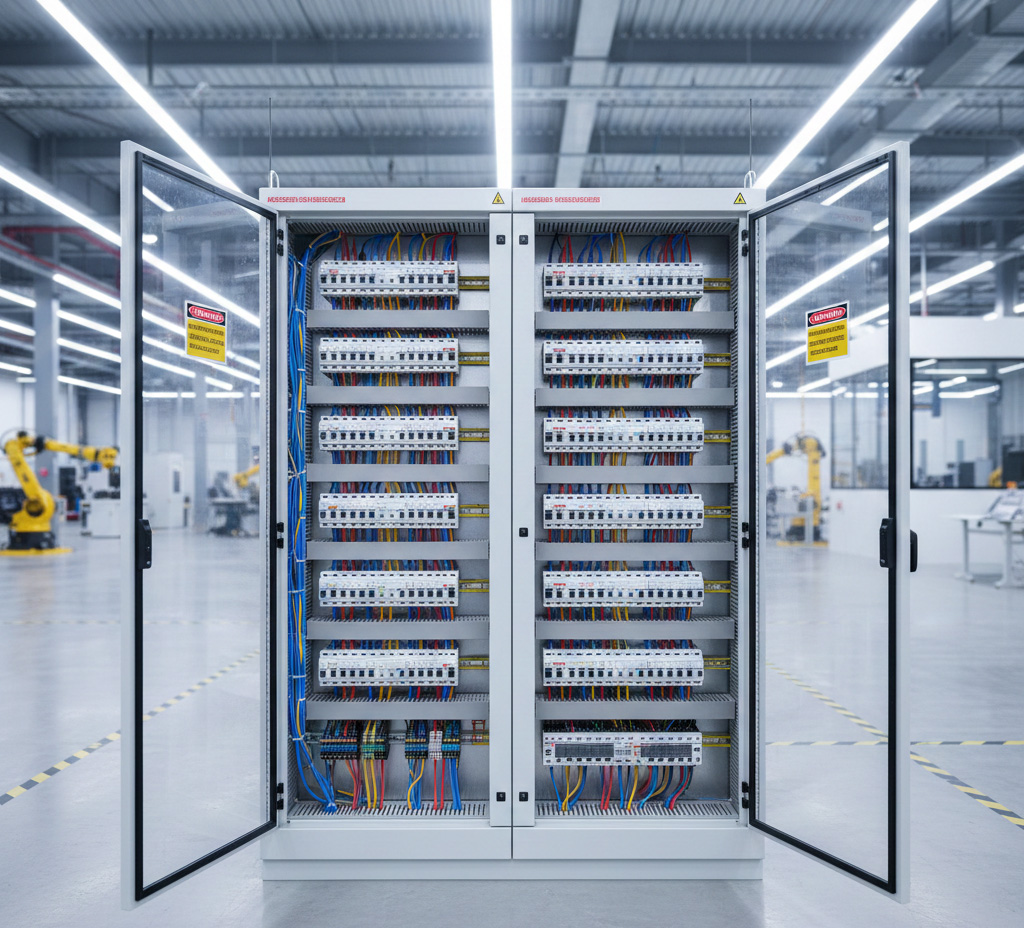 Macro photography of electrical switchboard main panel showing circuit breakers
