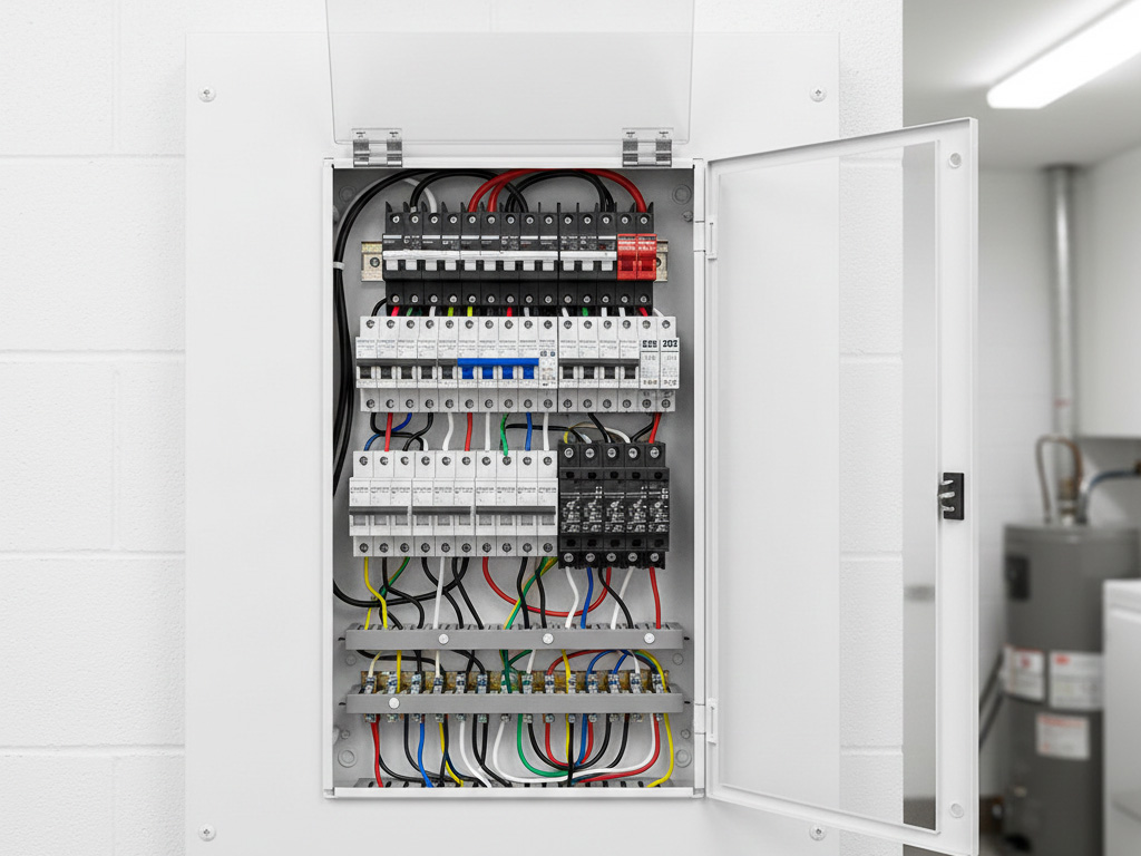 Modern residential circuit breaker panel with neatly arranged breakers and clear labeling