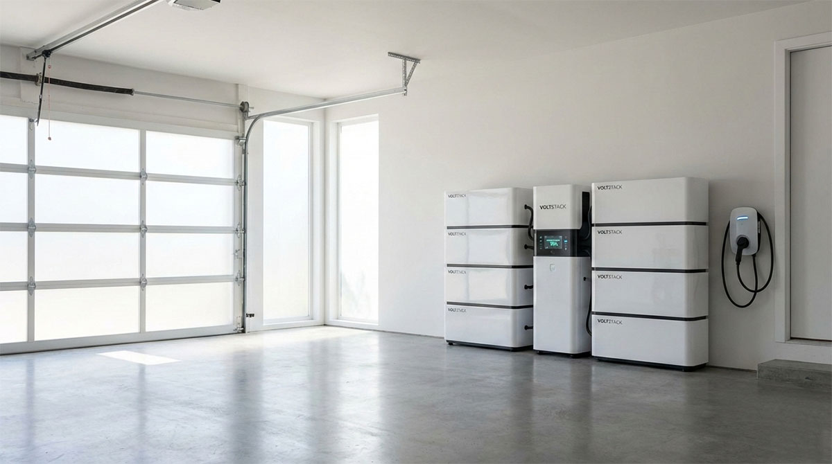 Modern residential energy storage system with lithium battery packs in garage