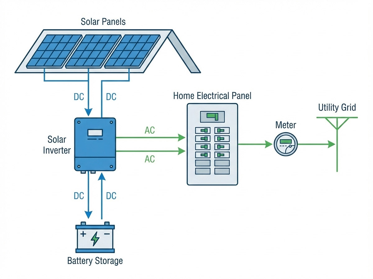 Overview diagram of complete solar power system components and connections