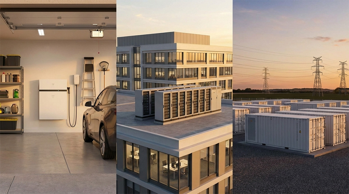 Photomontage showing energy storage in residential garage commercial facility and utility scale installation