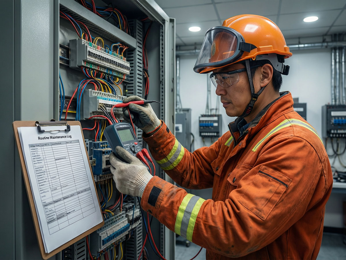 Electrical technician performing scheduled maintenance on switchboard