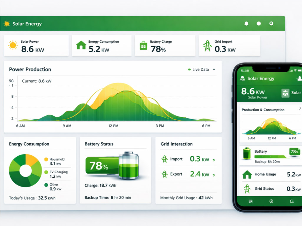 Solar energy monitoring dashboard showing real-time production data and consumption analytics