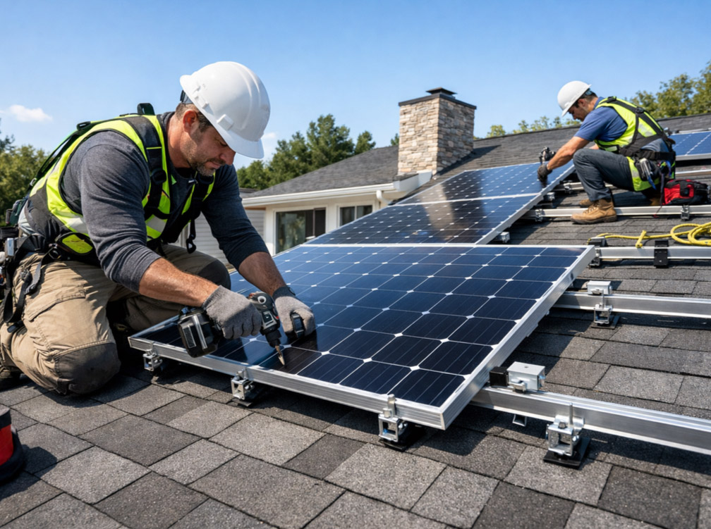 Solar panel installation in progress on residential roof with safety equipment