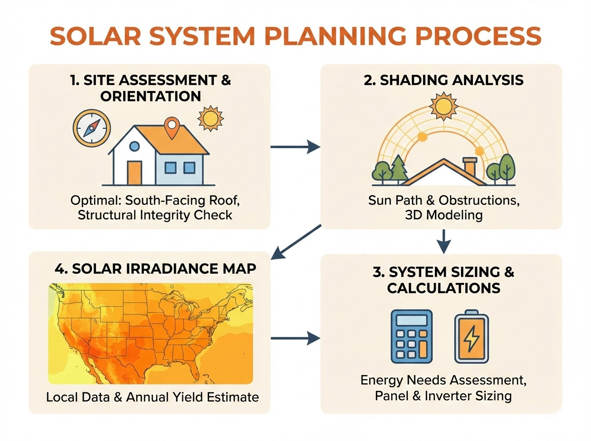 Solar system planning diagram with site assessment, shading analysis, and roof orientation