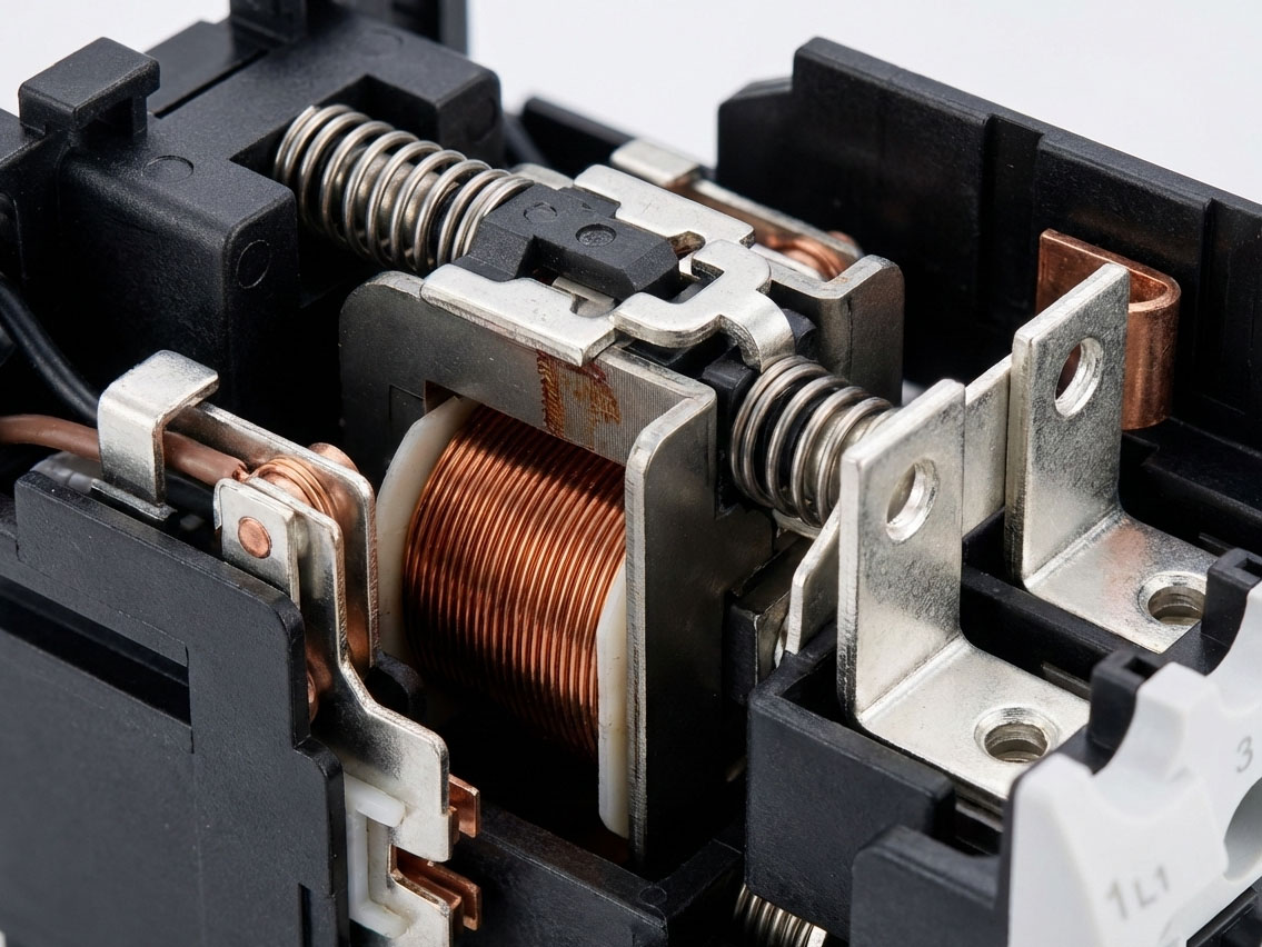 Technical close-up of AC contactor showing magnetic core, contact points, and spring mechanism