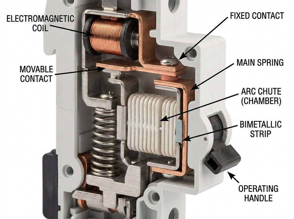 Technical close up view of circuit breaker showing switching mechanism and internal components