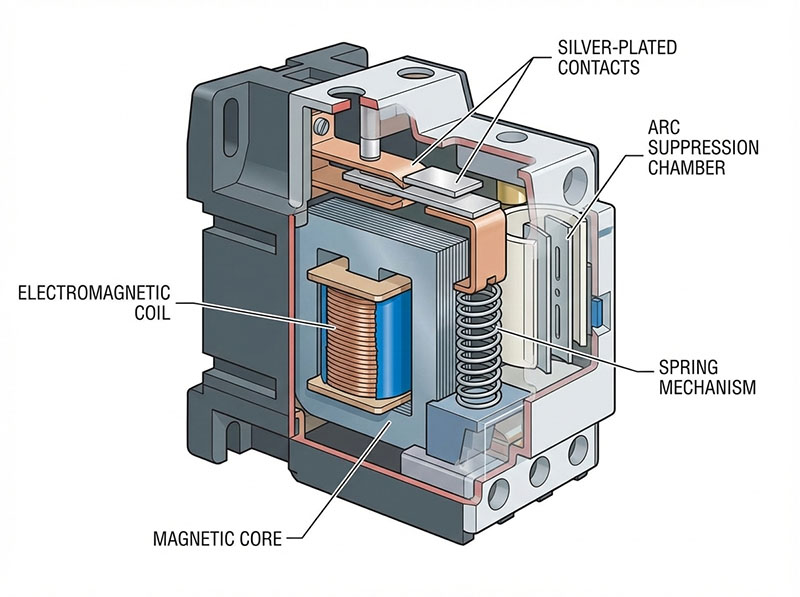 Technical cutaway view of DC contactor showing magnetic coil, contact mechanism, and arcing chamber