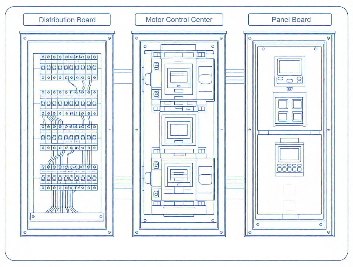 Technical illustration showing different types of electrical switchboards