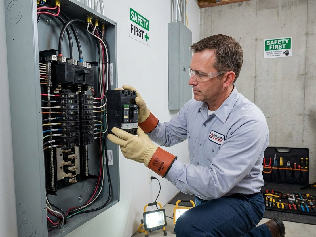 Technician testing circuit breaker with multimeter for preventive maintenance