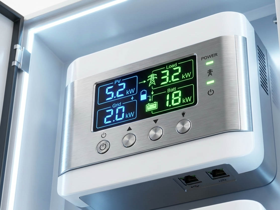 Close-up of modern hybrid inverter device showing digital display with energy flow indicators
