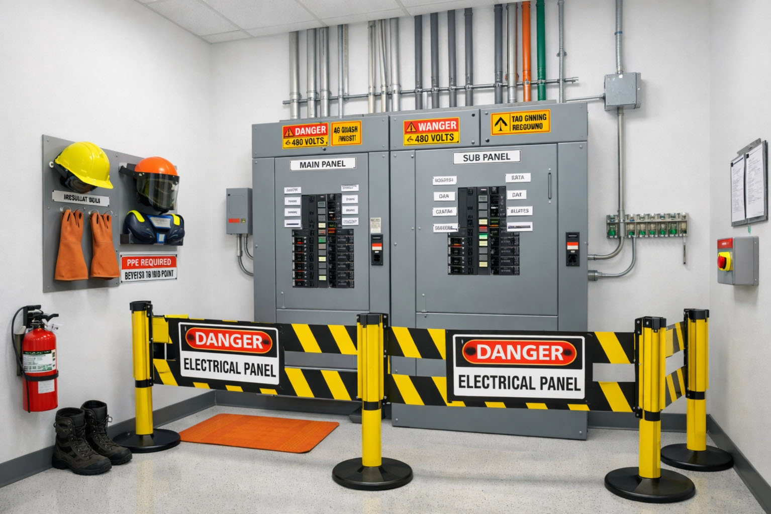 Safe modern electrical installation with proper labeling and safety barriers
