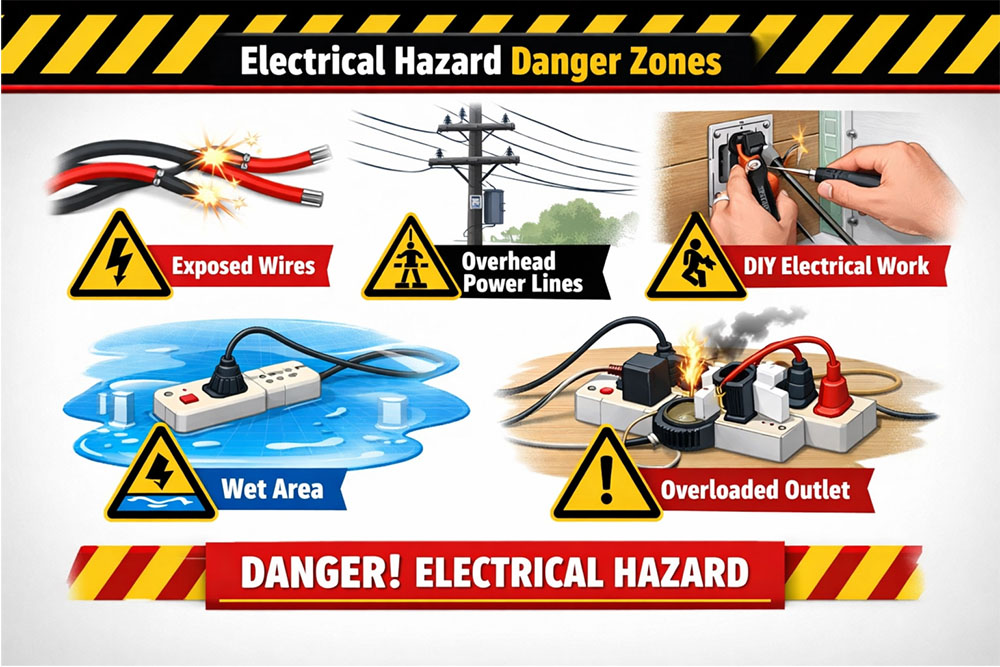 Electrical hazards visualization showing danger zones and warning signs