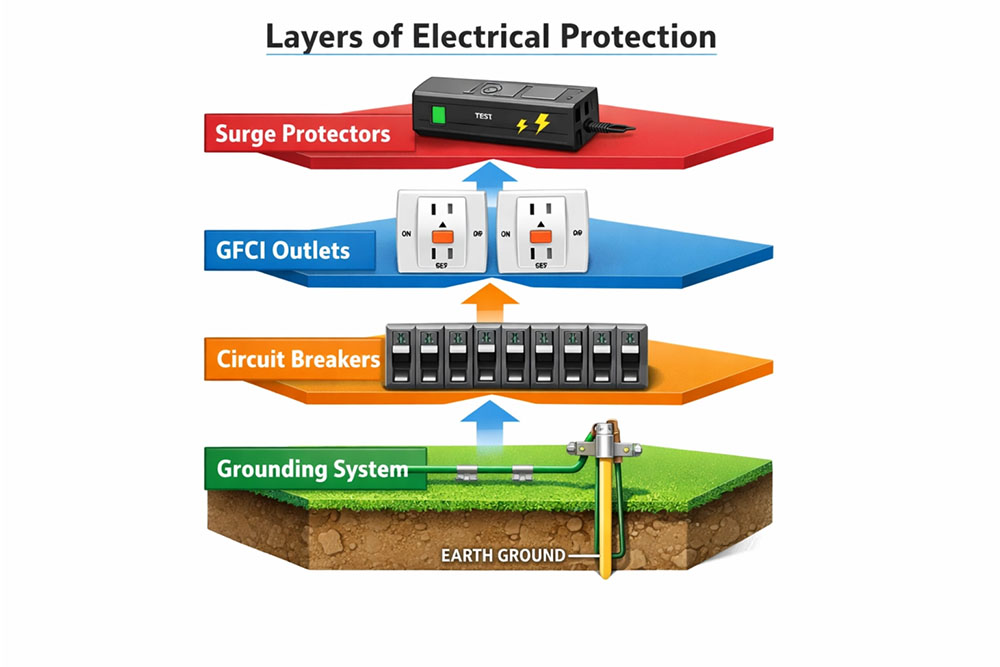Multiple layers of electrical protection including grounding and circuit breakers