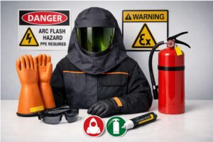 Electrical safety equipment showcase with protective gear and warning symbols