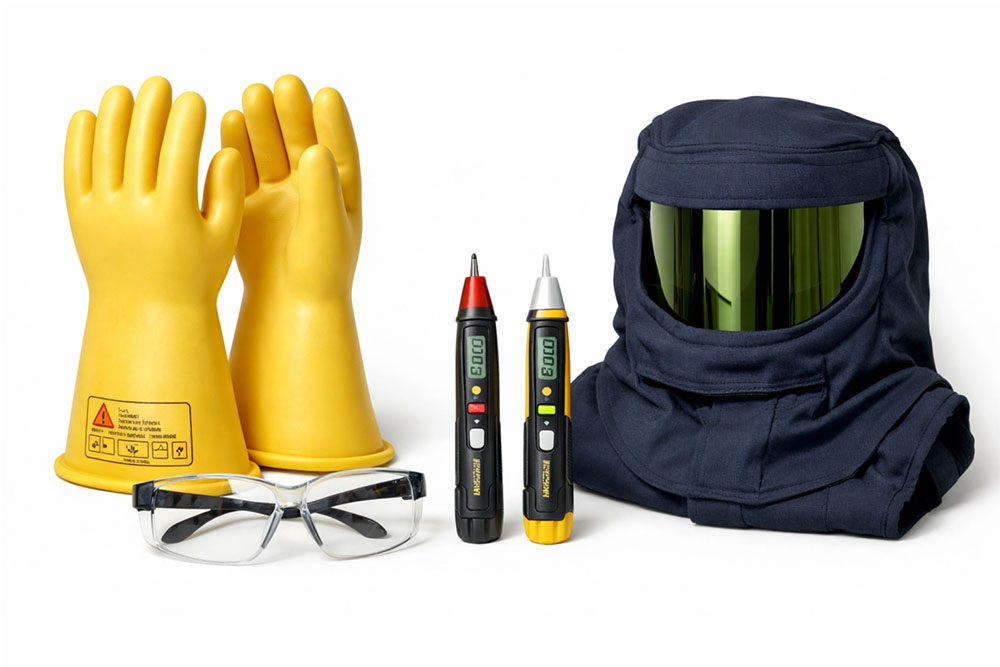Electrical safety equipment showcase including insulated gloves, safety glasses, and protective gear