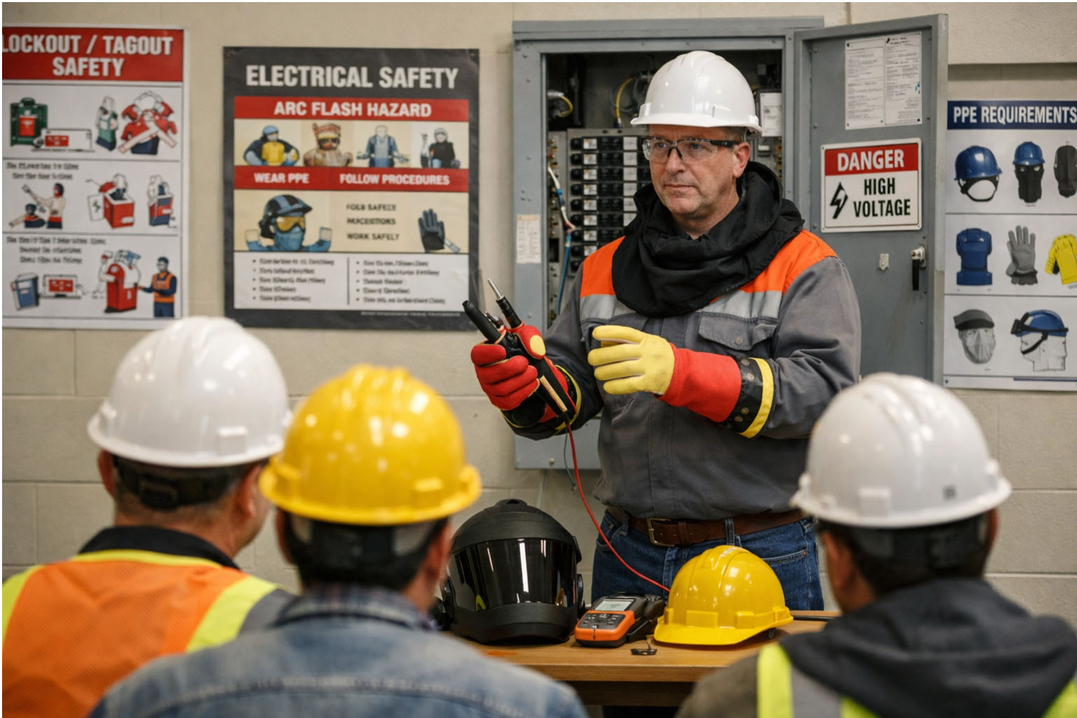 Electrical safety training session with technician learning safety protocols