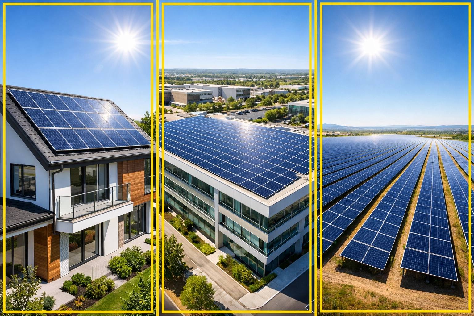 Multiple application scenarios showing GRPU solar frames in residential, commercial, and utility-scale solar installations