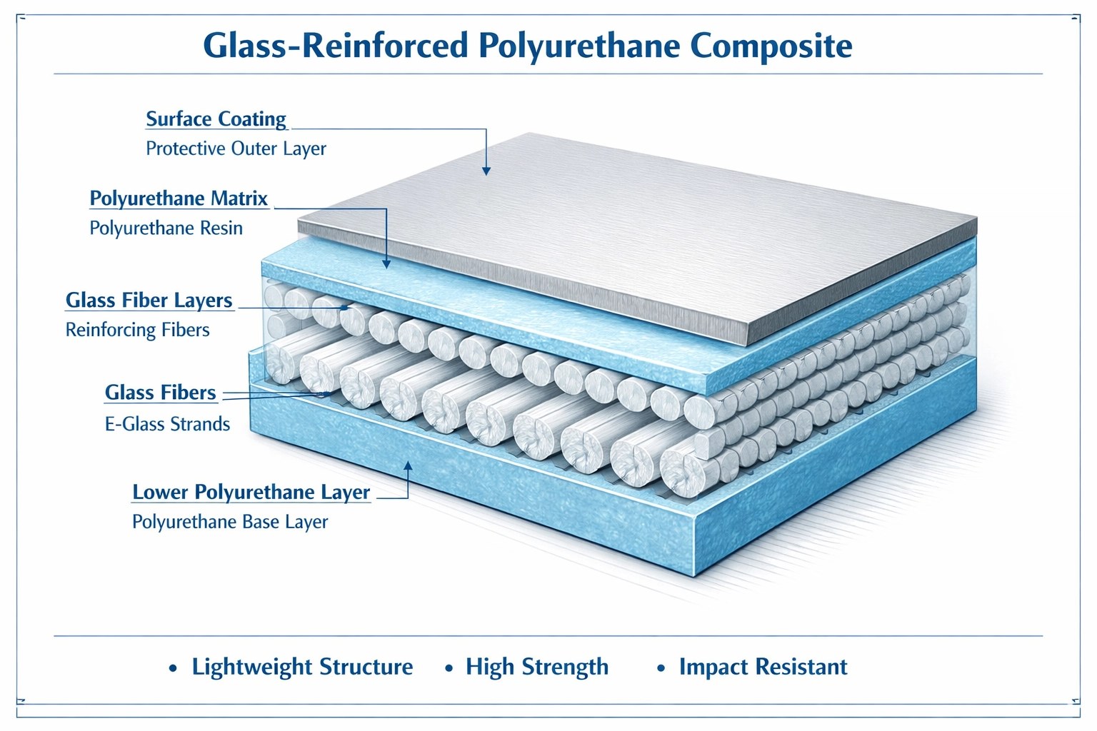 Cross-sectional diagram showing GRPU composite material structure with glass fiber reinforcement
