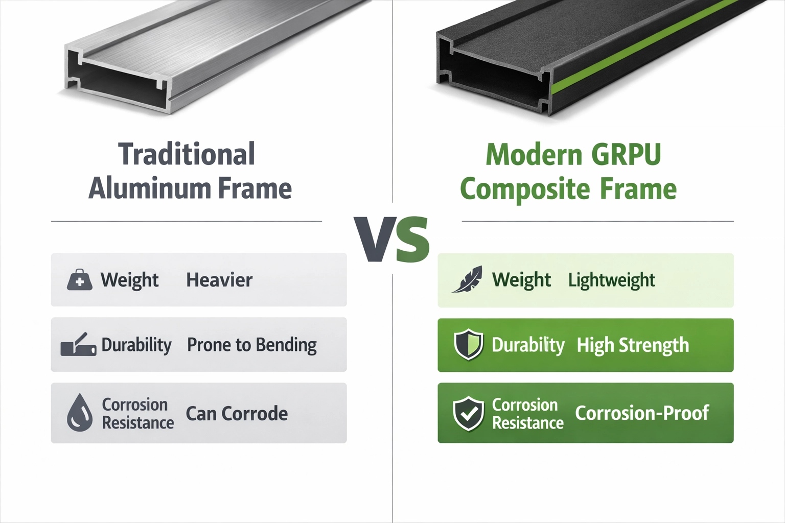 Comparison diagram showing GRPU solar frame alongside traditional aluminum frame with key differences highlighted