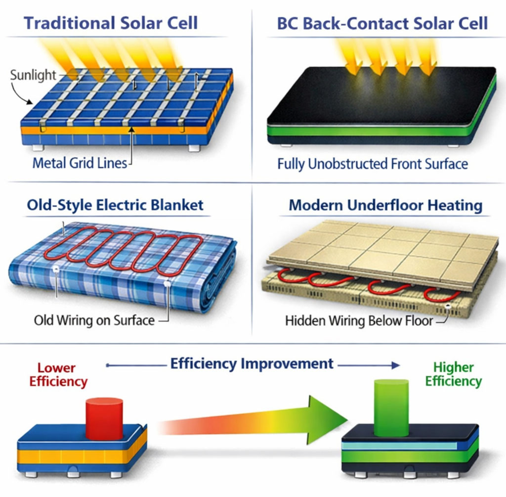 Technical diagram comparing traditional solar cell with silver grid lines and BC back-contact cell with unobstructed front surface