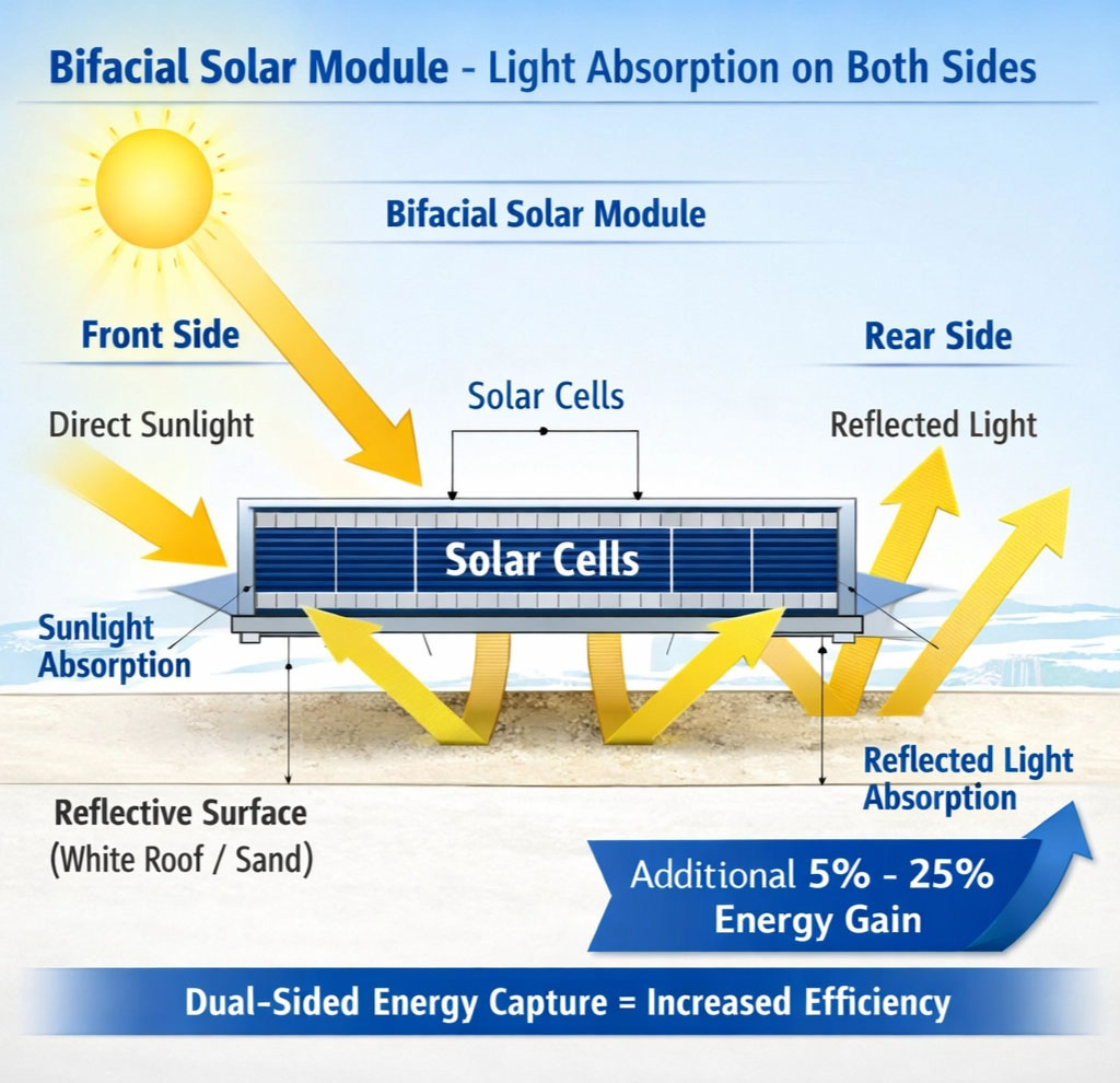 Cross-sectional diagram of bifacial solar module showing light absorption on both sides with reflected light from ground