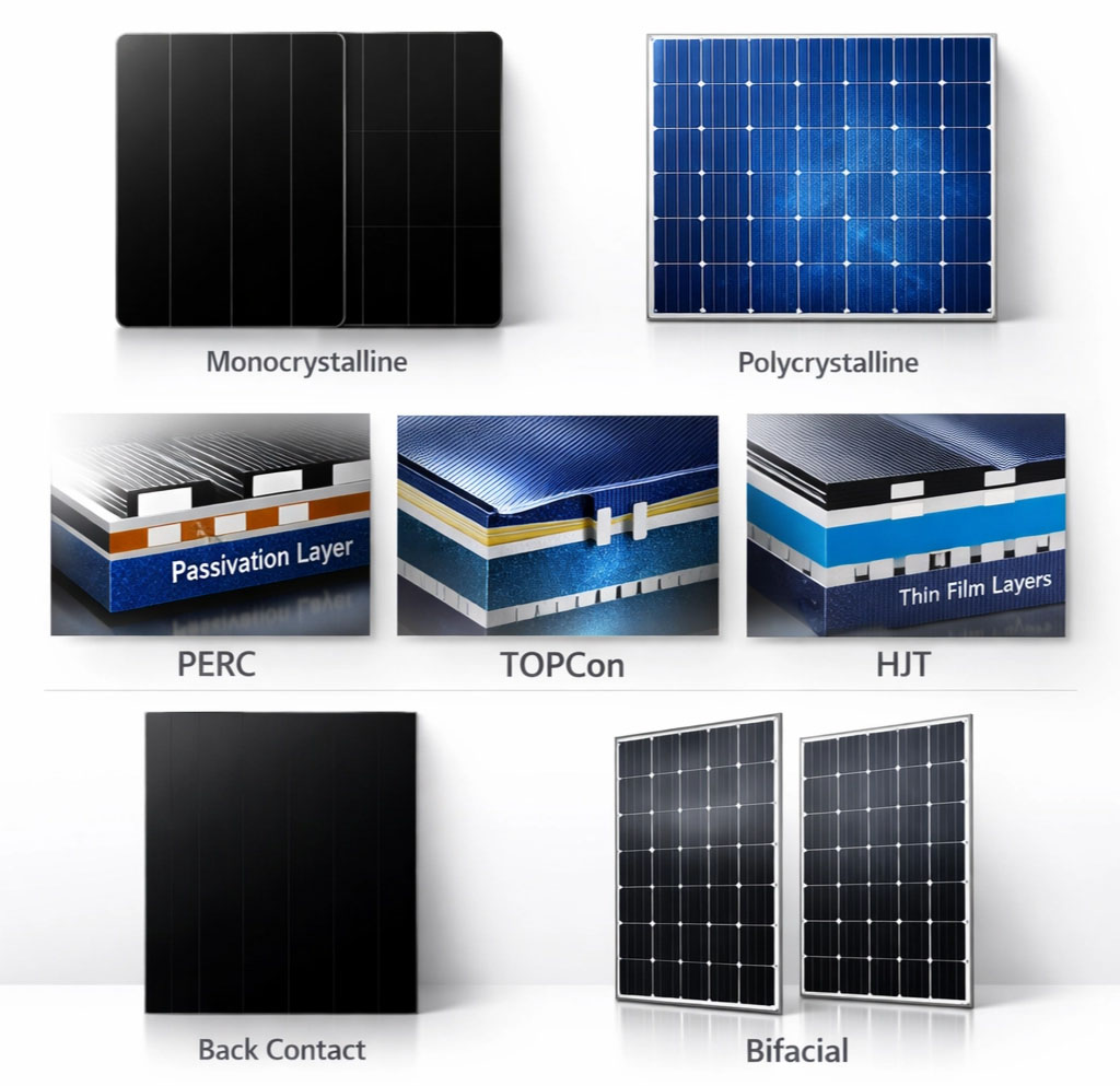 Professional product photography of various solar panel technologies arranged together showing monocrystalline, polycrystalline, PERC, TOPCon, HJT, and BC panels