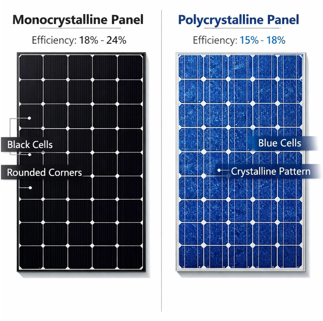Split-screen comparison showing monocrystalline solar panel (deep black, rounded corners) and polycrystalline panel (blue with crystalline pattern)