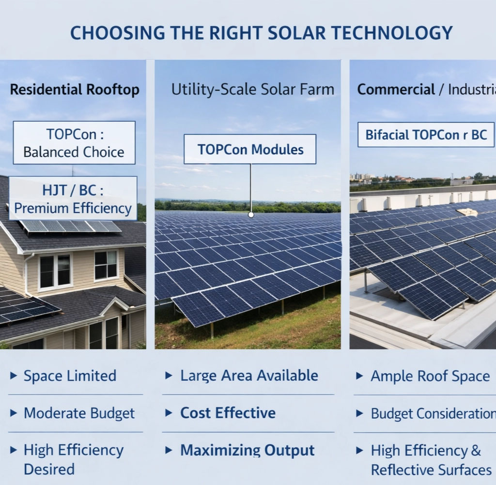 Visual guide showing solar technology selection for residential, large-scale, and commercial applications