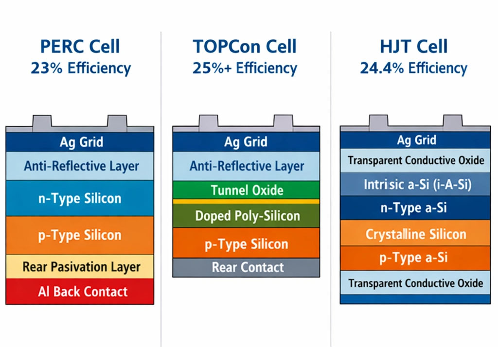 Technical cross-sectional illustration comparing PERC, TOPCon, and HJT solar cell structures with efficiency rates
