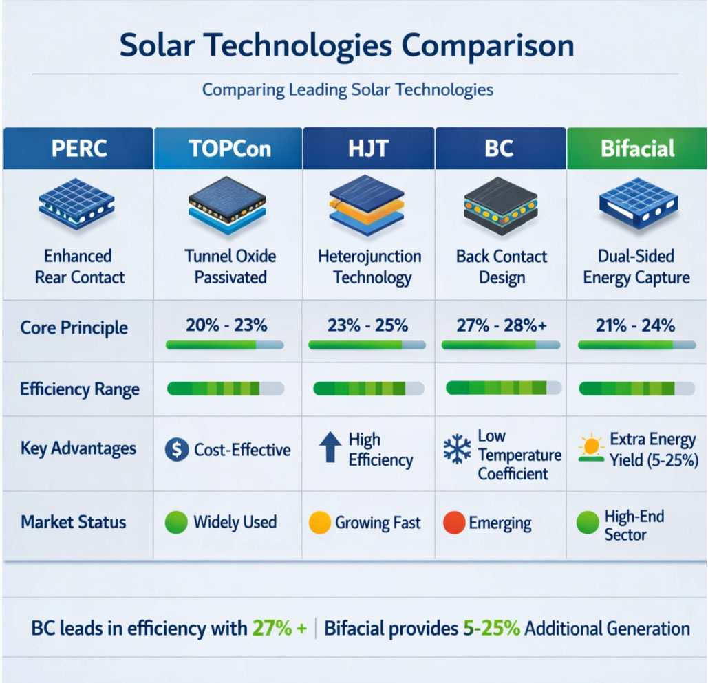 Comprehensive comparison table infographic showing five solar technologies with efficiency ranges and key advantages