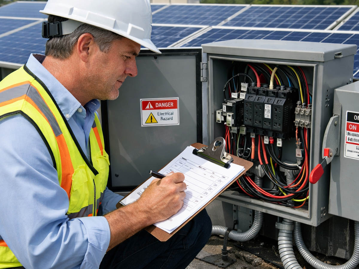 Solar installation inspection showing building inspector reviewing work, electrical connections, and safety compliance check