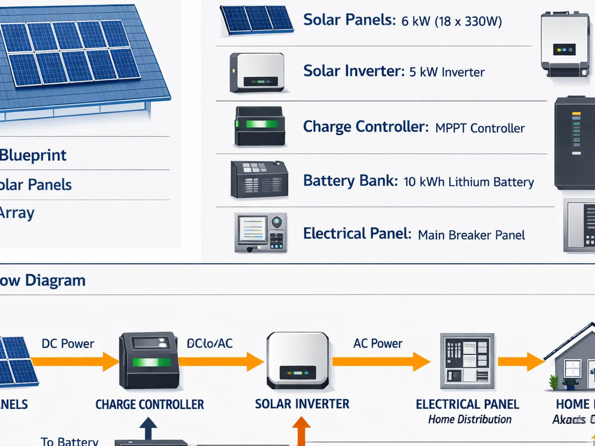 Solar system design diagram showing panel layout on roof blueprint, energy flow diagram, and component specifications