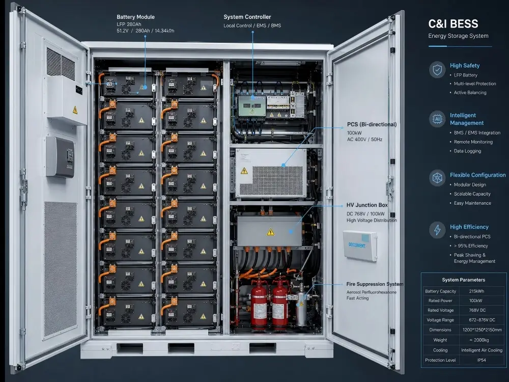 C&I Energy Storage Cabinet Interior - Inside view of commercial battery storage system with lithium-ion cells and cooling infrastructure
