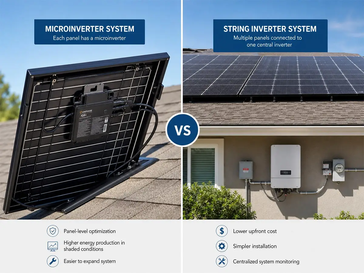 Solar Panel Microinverter vs String Inverter Comparison - Modern residential solar installation showing both technologies