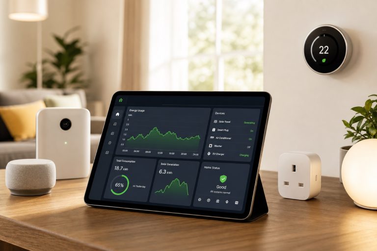 Smart energy management dashboard on tablet showing real-time energy monitoring and IoT devices