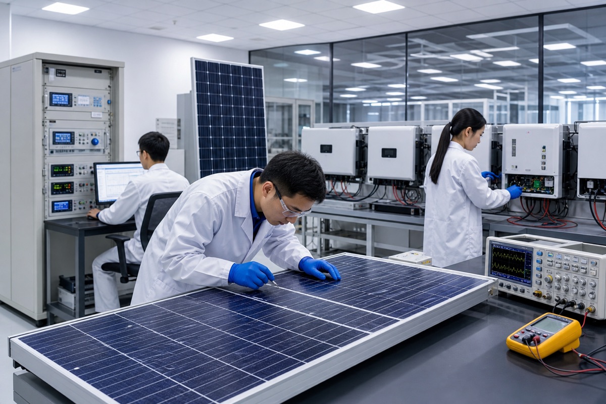 Solar component certifications testing laboratory with quality control inspection