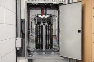 Modern electrical panel upgrade with new circuit breaker panel and professional installation