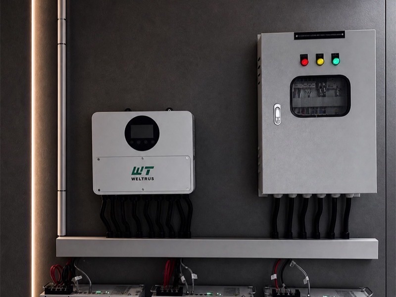 Weltrus residential ESS system with inverter, breaker panel, and parallel battery units in Vietnam