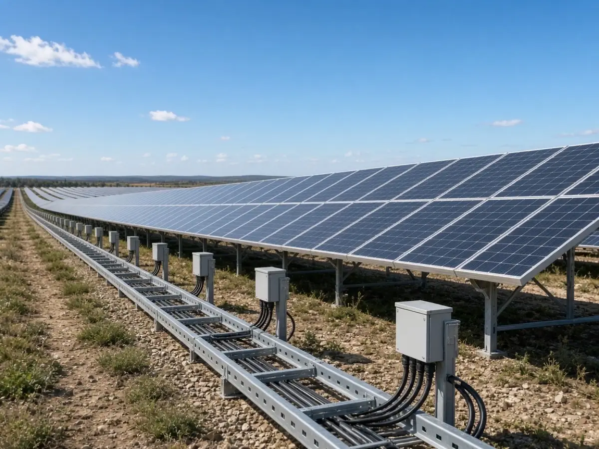 ** Ground-mount PV array with DC cable trays and combiners for high-voltage string design