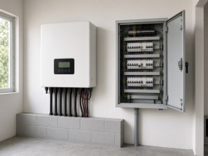 ** Light commercial hybrid inverter beside a three-phase distribution board