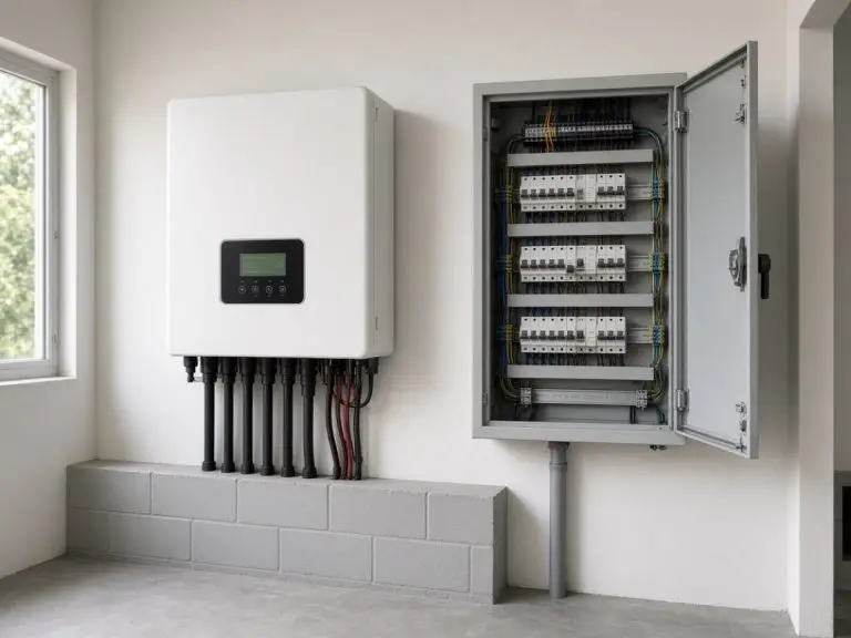 ** Light commercial hybrid inverter beside a three-phase distribution board